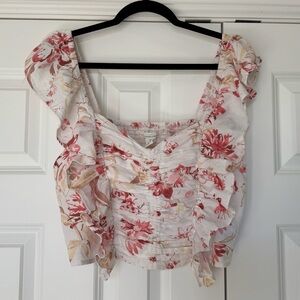 H&M Linen Blend Floral Crop Top - Women's Size Large - tank with ruffles smocked